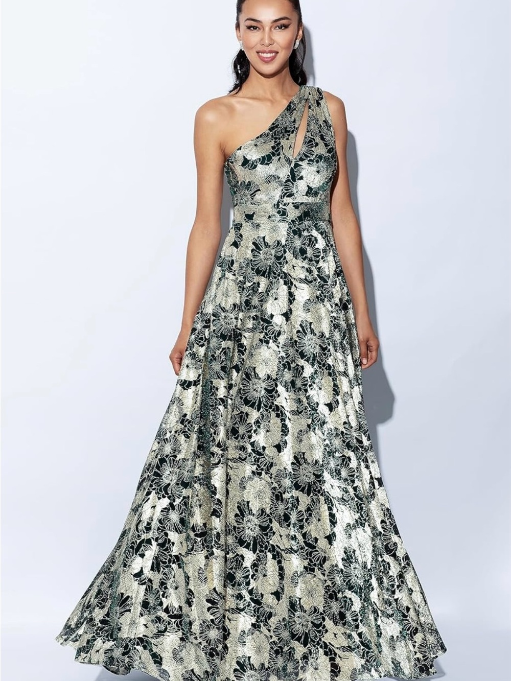 NWT Betsy & Adam Navy and Gold Metallic Floral One-Shoulder Wrap Dress Size 4